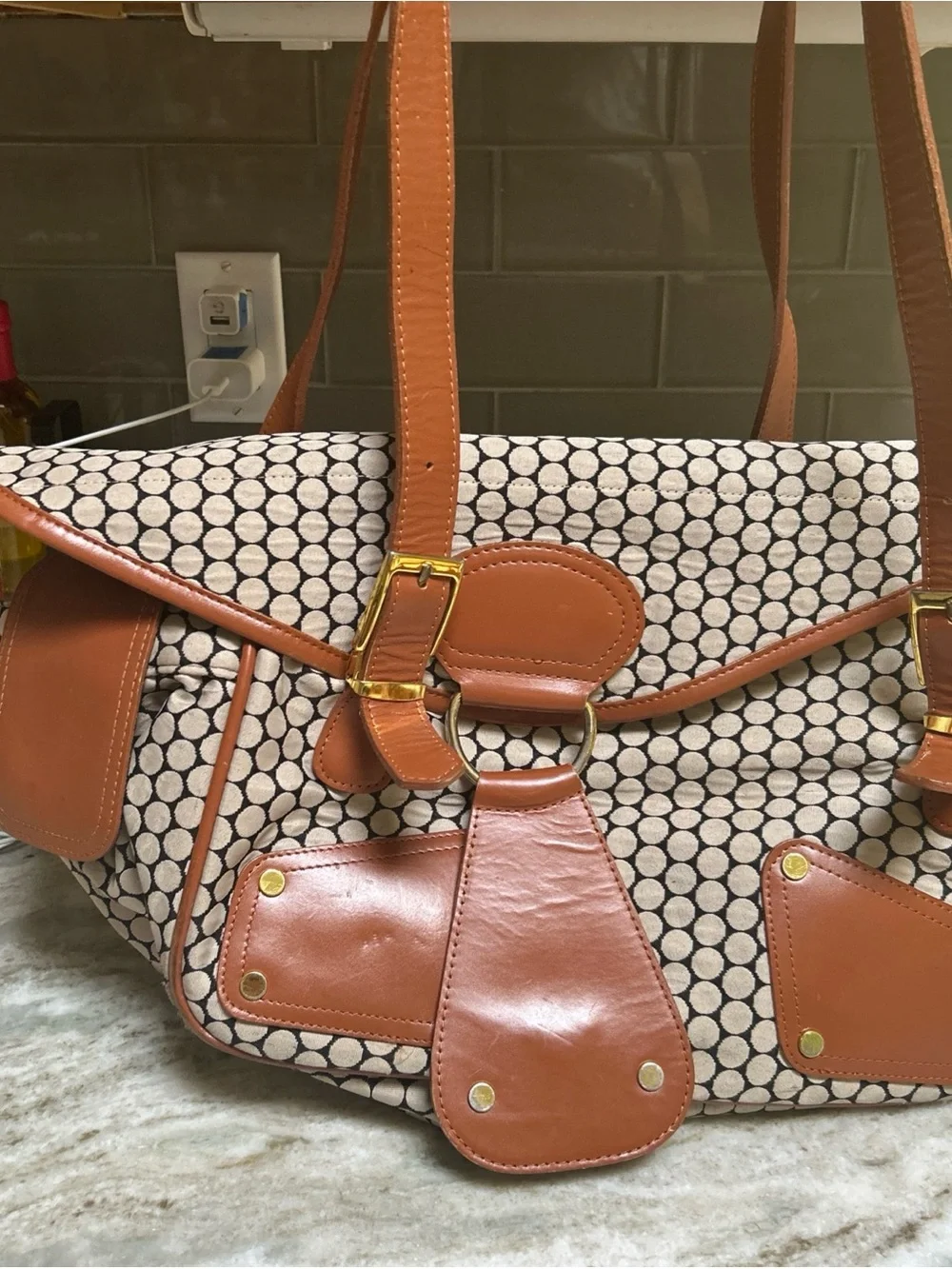 MIA BOSSI DIAPER TRAVEL TOTE BAG ORANGE LEATHER TRIM Washable Lining Change Pad